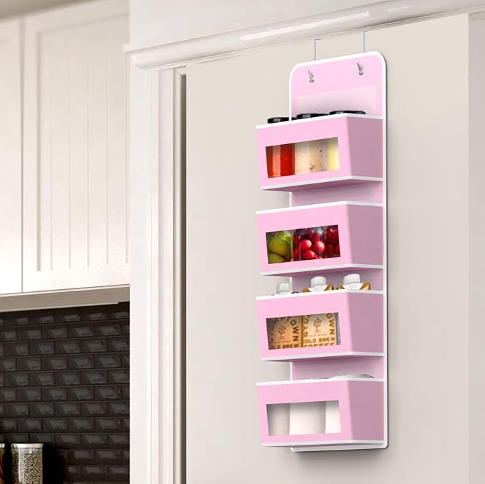 Simple Houseware 4 Clear Window Pocket Over Door Hanging Organizer, Pink | Over the Door Storage for Closet, Bedroom, Bathroom, Pantry