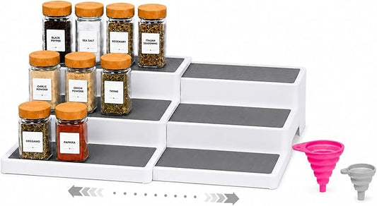 Pack of 1, Expandable 3 Tiered Spice Rack Organizer for Cabinet and Kitchen Pantry Shelf - Non-Slip Shelves for Spices, Seasoning, Canned Food, Medicine Cabinet Organizer - Includes Silicone Funnels