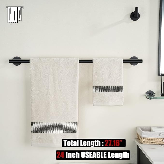 JQK Black Towel Bar, 27 Inch 304 Stainless Steel Thicken 0.8mm Towel Rack Bathroom, Towel Holder Matte Black Wall Mount, Useable Length 24 Inch, TB110L24-PB