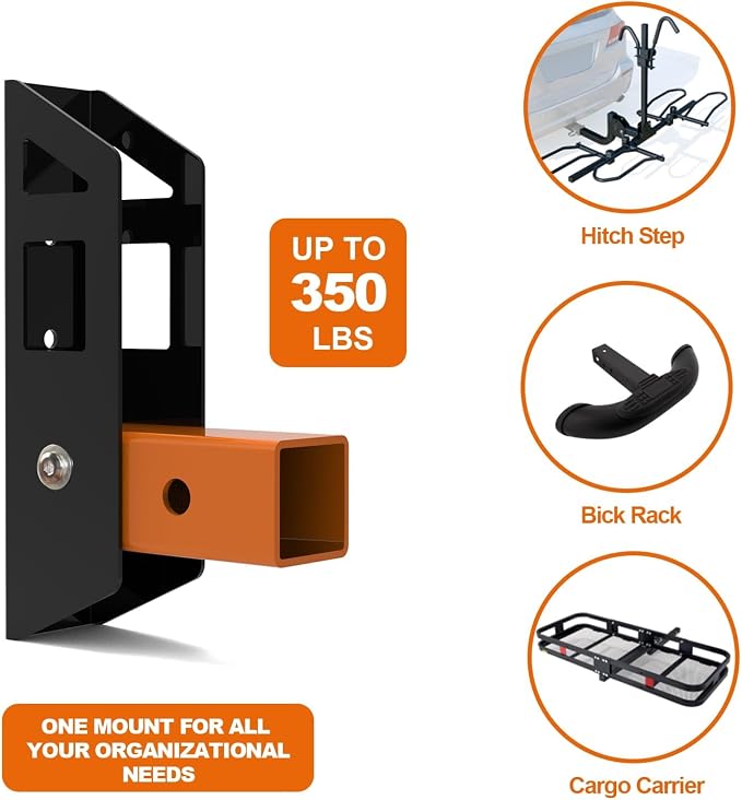 Hitch Wall Mount 2 in Receiver, Max Hold up to 350LBS, Bike and Cargo Rack Organizer, Trailer Hitch Receiver Hitch Bicycle Ski Rack Storage, Foldable Hanging Garage Organizer