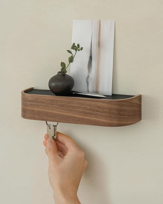 Kazai. Key Holder 'Toke' | Minimalist Key Hook Design from Berlin | Modern Key Holder Wall Mount with Wooden Shelf | Key Rack for Wall as Entryway Organizer | Walnut