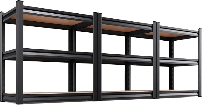 3-Pack Heavy Duty Metal Garage Shelving Unit 33" H x 35" W x 15.7" D, Black | 3-Tier Adjustable Steel Storage Shelves, Tool-Free Assembly, Powder-Coated Finish, Rust-Resistant, Multi-Space Organizer