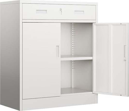 BESFUR Metal Garage Storage Cabinet with One Lockable Drawer 2 Locking Doors and an Adjustable Shelf, 36" White Metal Short Storage Cabinet for Home Office, Garage,School,Utility Room