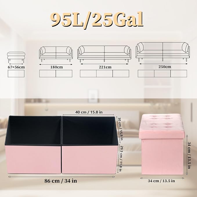 Bsketa Storage Ottoman Bench, 34" Folding Velvet Foot Rest Stool, Pink | Large Ottoman with Storage, Thicker Foam Padded Seat, Livingroom, Dorm, Bedroom, Easy to install, 86L,34 x 13 x 13in