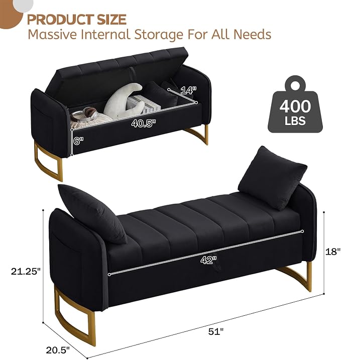 End of Bed Storage Bench, 51'' Velvet Storage Benches for Queen Size Bedroom Foot of Bed, Storage Ottoman Bench with Golden Legs and Pillow for Living Room Window Entryway, Black
