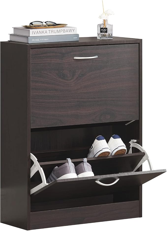 Haotian Narrow Shoe Cabinet for Entryway | Slim Freestanding Shoe Rack with 2 Flip-Drawers, Hidden Storage Shoe Organizer Hallyway Mudroom, Brown, FSR110-K-BR