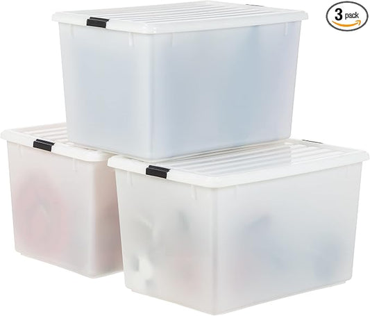IRIS USA 3-Pack 144 Qt Stackable Storage Bins with Lids, Pearl | High-capacity opaque design is ideal for blankets, comforters and seasonal décor, Stackable and nestable