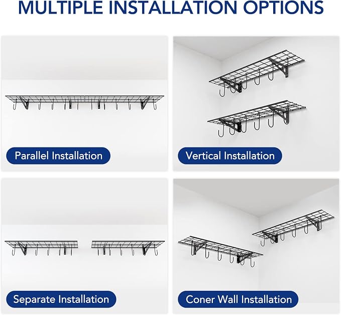 FLEXIMOUNTS 1-Pack 1x4 ft Garage Wall Shelving, Include 6 Bike Hooks, Black | Wall Shelf Garage Organization System w/Bike Hangers, Storage Rack, Floating Shelves, 150 lbs Weight Capacity, Classic Series