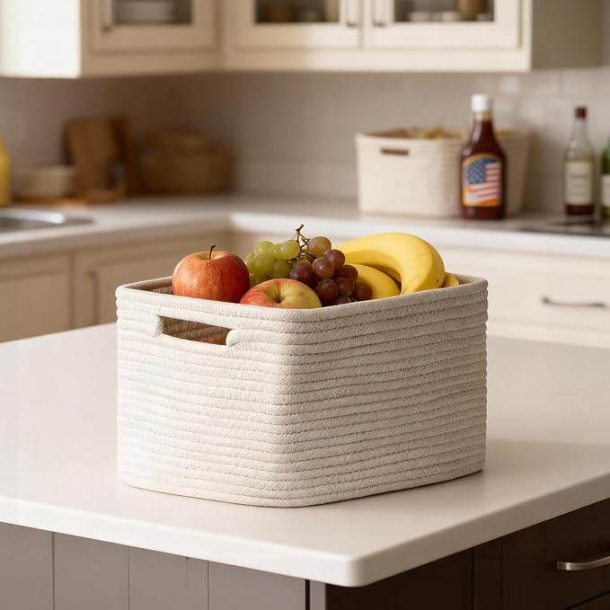 5 Pack White Woven Storage Baskets for Shelves, Decorative Basket Organizer Storage Bins for Toys, Books, Clothes, Closet, Nursery, Bathroom – Cotton Rope Shelf Baskets for Organizing and Decor