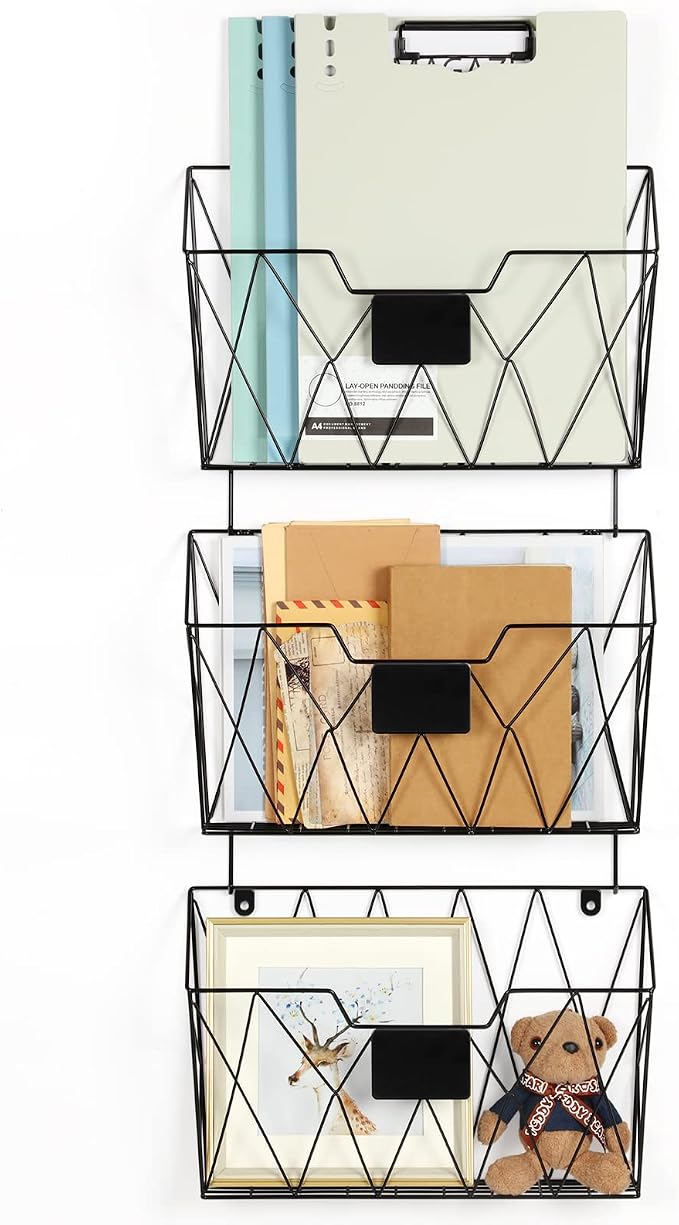 Wall File Organizer, 3 Pack Metal Wall Basket File Holder for Home Office | Vertical Hanging File Organizer, Mail Organizer Wall Mounted Magazine with Label Slot & Hooks, Sorts papers, Mails & Supplies