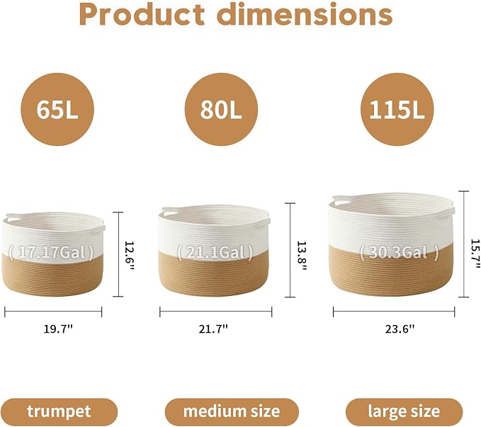 Foldable Laundry Hamper Basket with Collapsible Handle Cotton Rope Soft Woven Fabric Storage Organizer Clothes Toys Nursery Bedroom Dorm Space Saving Bin (White & Camel, 115L(23.6"D x 15.7"H))