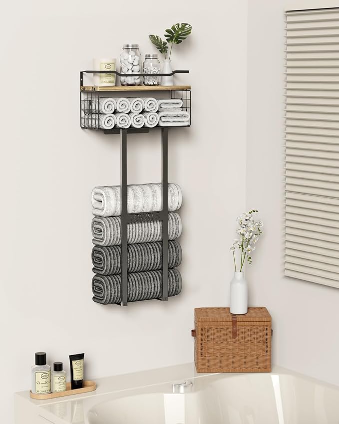 Aetyord Towel Racks for Bathroom - Wall Mounted Metal Rack with Wood Plank, Bathroom Storage Organizer, Towel Holder Stores 6 Large Rolled Towels Easily, Black with Wood Plank