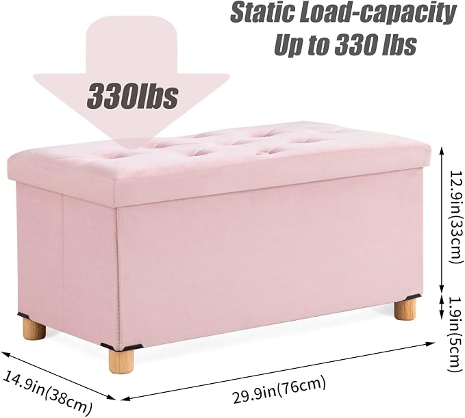 BRIAN & DANY 30 Inches Folding Storage Ottoman Bench, Ottoman with Storage for Living Room, with Wooden Feet and Lid, Pink