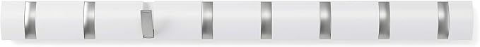 Umbra Flip Coat Rack, Wall Mount 8-Hook, Space Saving, White | Real wood and steel build, retractable hooks fold flat, holds coats bags and scarves, easy install