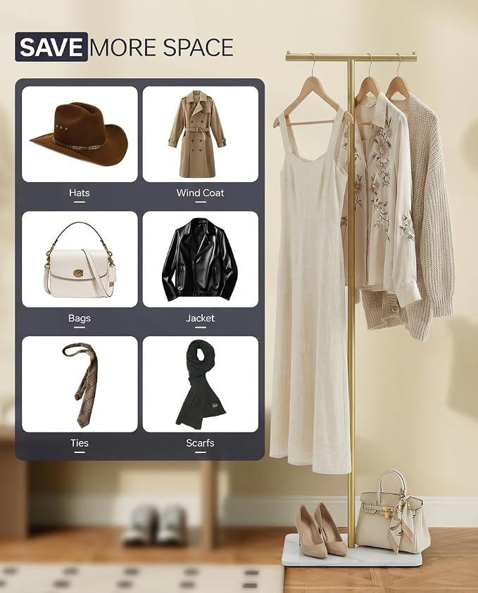 Coat Rack, T-Shaped Freestanding Metal Clothes Stand with Sintered Stone Base, Stable & Sturdy Storage for Coats, Hats, Bags, and Scarves, Ideal for Entryway, Office, and Bedroom, 15.7" x 9.8" x 66.5"