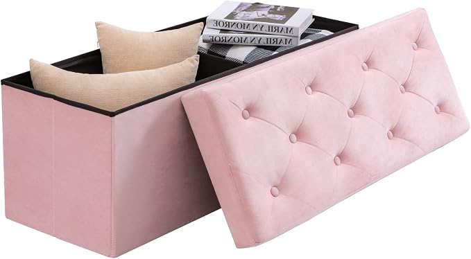 BRIAN & DANY 43 Inches Folding Storage Ottoman Bench, Velvet Ottoman with Storage for Living Room, Bedroom, Entryway, Ottoman Foot Rest, End of Bed Bench (Pink)