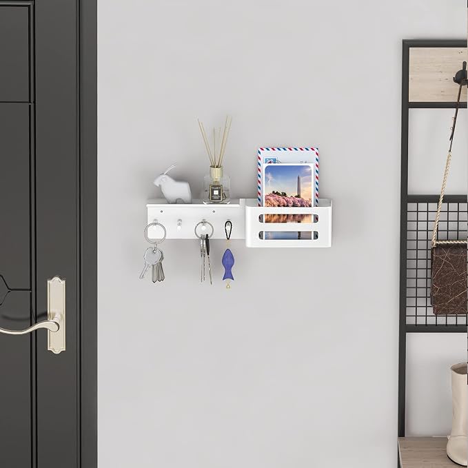 MKO Key Holder Wall Mount, Adhesive Key Hanger with 4 Hooks for Wall, White | Metal Material, Key Rack with Shelf, Wall Mount, Mail Organizer Tray, Suitable for Entryway, Hallway, Living Room