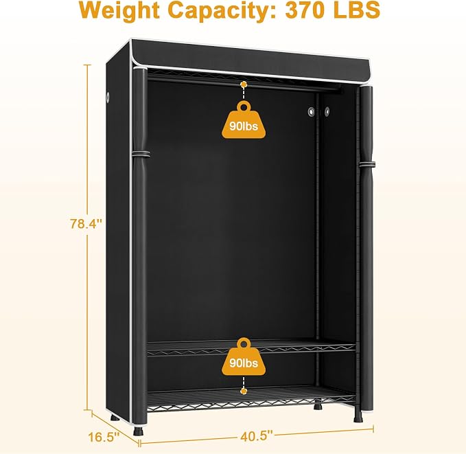 H5C Plus Clothes Rack with Cover, Covered Clothing Rack Heavy Duty | Garment Rack with Shelves, 3-Tier Portable Closets for Hanging Clothes, Max Load 370LBS, Black Closet Racks with Black Cover