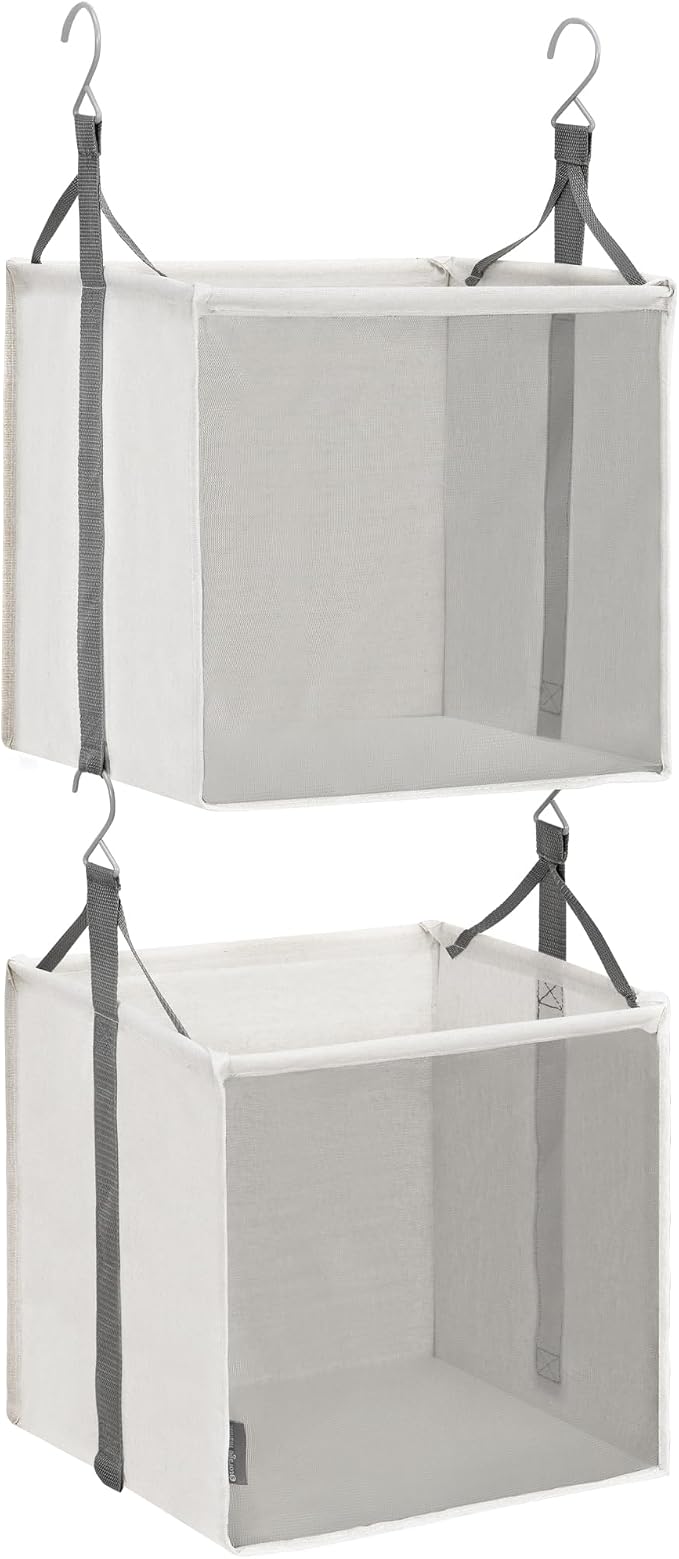 STORAGE MANIAC 2-Tier Hanging Closet Organizer, Fabric Storage Baskets with Hooks, Closet Shelves for Dorm Room, Apartment, Bedroom, Garment Rack & Wardrobe, Ivory