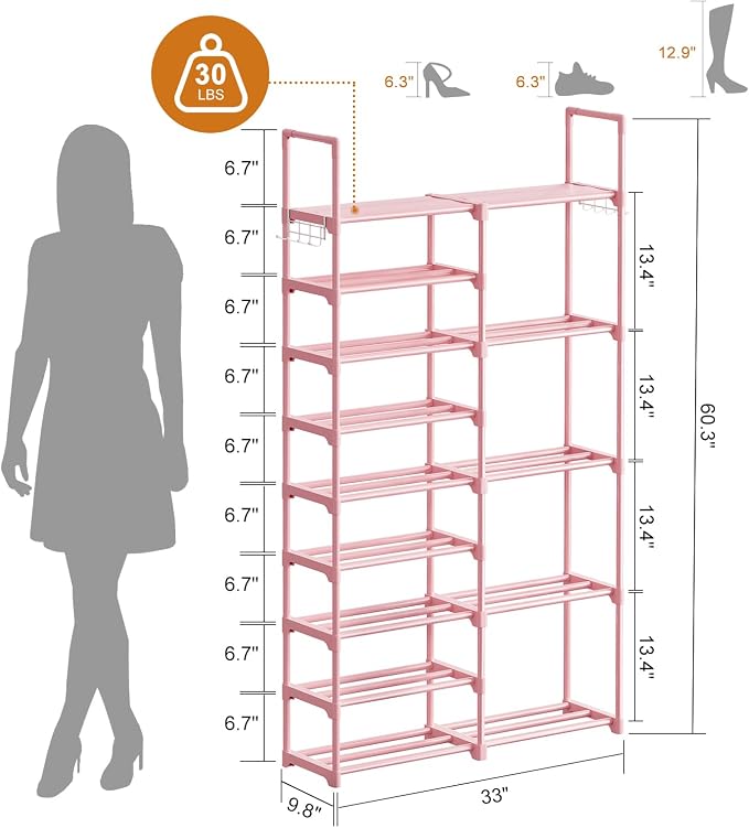WOWLIVE 9 Tier 2-Column Shoe Rack, 30-35 Pairs Stackable Pink | Compact 33.75in long fits narrow spaces. Removable layers for boots/heels. Split design for flexible layout.