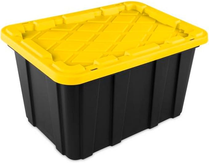 Sterilite 4-Tier Tote Rack with 4-Pack 27 Gallon Industrial Storage Totes | Shelving Unit and Heavy-Duty and Stackable Utility Box Containers for Home, Office, and Basement Organization, Black/Yellow