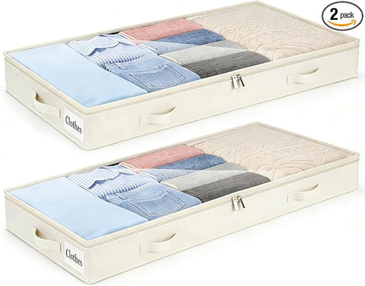 4 Inch Low Profile Under Bed Storage Drawer 2 Pack, Lightweight Underbed Clothes Storage Container Bins With NO STURCTURE, Shallow Storage Bag for Dorm & Home, With Clear Lids & Water-Resistant Fabric