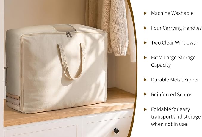 Soft Canvas Storage Bags for Comforters, Blankets, Beddings, Quilt, Clothes | King/Queen Comforter Organizer, Cotton Canvas, 3 Pack, 4 Handles & 2 Clear Windows, Reinforced Zippers, 25x19x9in