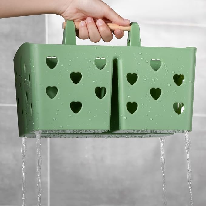 Portable Shower Caddy Plastic Shower Basket Organizer with Handle, Green | Divided Bathroom Caddy Storage Cleanning Caddy Tote for College, Dorm Room, Kitchen