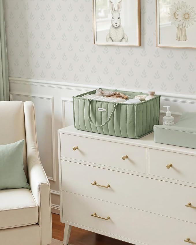 Blissful Diary Baby Diaper Caddy Organizer, Stylish Storage Basket for Newborn Essentials and Diaper Station, Gift for Baby Shower and Registry Must-Have, Sage Green