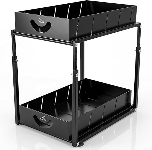 Adjustable Under Sink Organizer, 2 Tier Under Sink Organizers and Storage,Slide Out Metal Cabinet Organizers, Pull Out Cabinet Storage Drawer Shelf for Kitchen Bathroom (1, black)