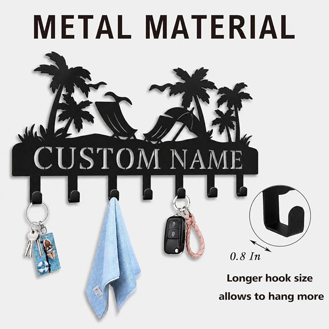 Personalized Key Holder for Wall, Custom Metal Key Hooks with Name | Rust-proof beach design rack for keys, hats, bags and leashes, with free hardware, ideal housewarming gift