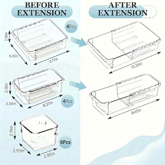 14 Pcs Expandable Clear Drawer Organizer|3-Size Extendable Drawer Dividers | Adjustable Plastic Storage Boxes, Arcrylic Storage Bins for Makeup Vanity Drawer Dresser DIY Desk Office Kitchen Utensils