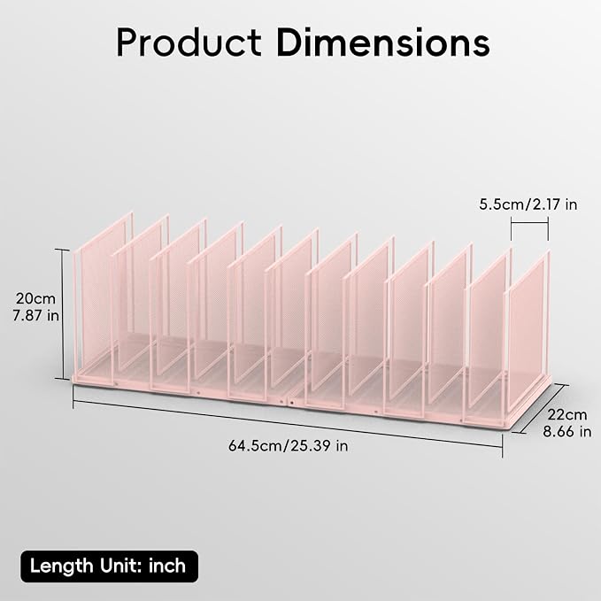 File Organizer for Desk, 11-Section Vertical File Sorter, Paper Holder Organizer Standing Metal File Folder for Office Home Classroom, Pink
