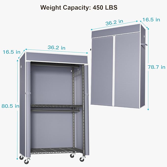Black Clothing Rack with Grey Cover, P1C Rolling Closets with Wheels, Metal Garment Rack for Hanging Clothes, Clothing Storage Wardrobe, 36.2" W x 16.5" D x 80.5" H, Load 450 Pounds