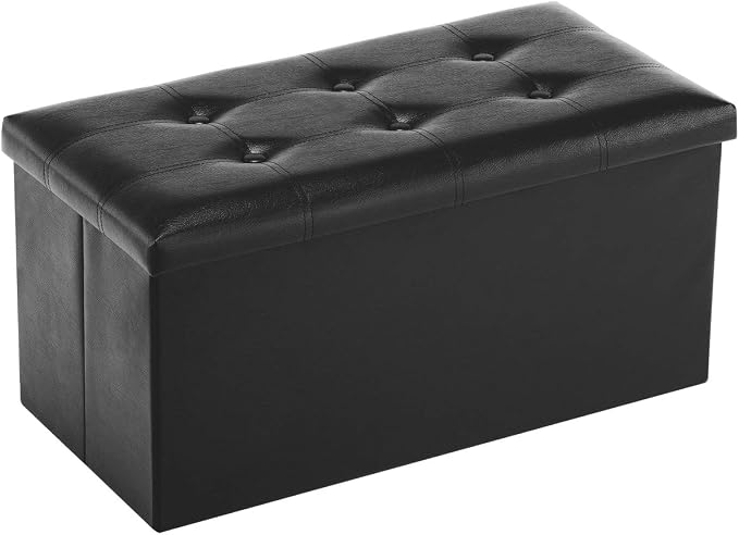 Youdesure 30" Ottoman with Storage, Folding Faux Leather Bench, Black | Foldable ottoman with hidden storage, padded seat and sturdy MDF frame for everyday use.