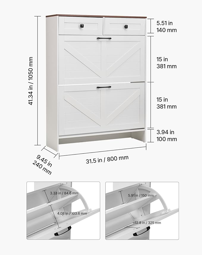 VEVOR Shoe Cabinet with 2 Flip Drawers, Farmhouse Shoes Storage Cabinet with 2 Drawers and Anti-Tipping Device, Freestanding Shoe Organizer Ideal for Entryway, Hallway, Bedroom, Living Room, White