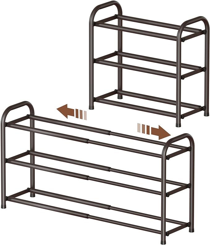 Gonfoam Expandable 3-Tier Shoe Rack for Closet and Entryway, Bronze | Tool-Free Assembly, Metal Material, Adjustable Shoe Organizer, Sturdy, Small Space Solution, Dorms, Garages, Apartments.