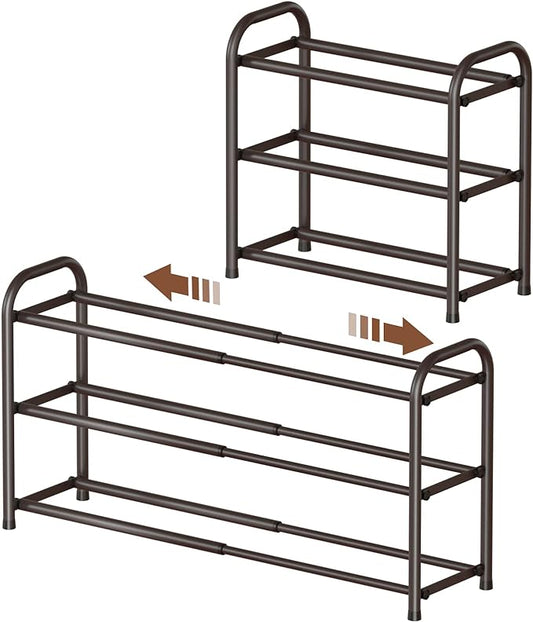 Gonfoam Expandable 3-Tier Shoe Rack for Closet and Entryway, Bronze | Tool-Free Assembly, Metal Material, Adjustable Shoe Organizer, Sturdy, Small Space Solution, Dorms, Garages, Apartments.