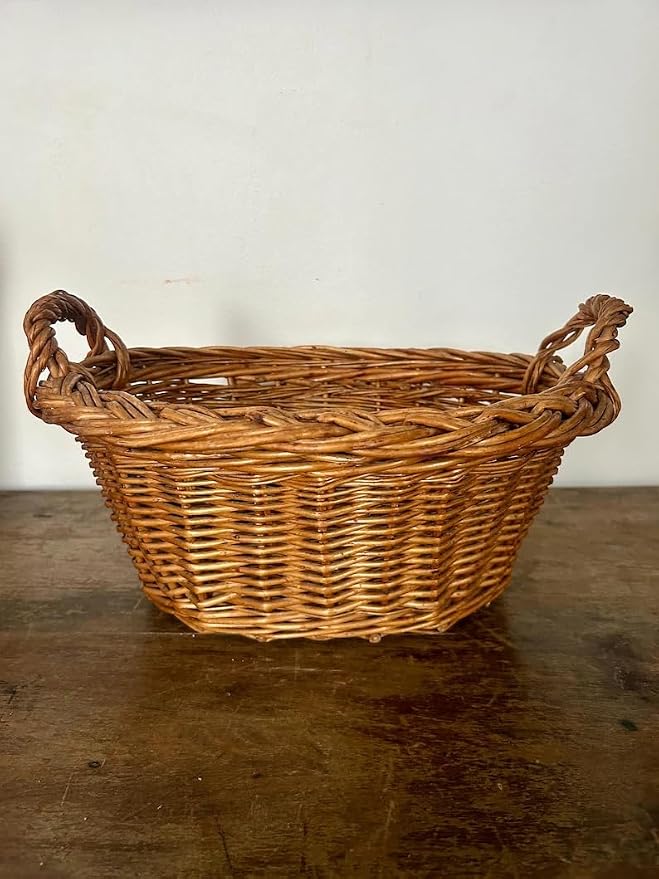 Handwoven Wicker Storage Basket with Handles, Rustic Farmhouse Decorative Basket, Natural Brown Woven Basket for Kitchen Pantry Bathroom Bedroom, Multipurpose Organizer Basket