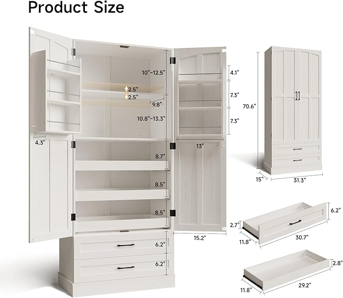 71" Tall Farmhouse Kitchen Pantry Cabinet with 3 Pull Out Shelves & 2 Large Drawers, Pantry Storage Cabinet with 6 Door Shelf & Adjustable Shelf, Freestanding Cupboard for Kitchen, Dining Room