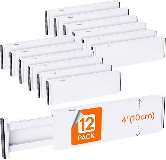 Lifewit 12 Pack 4" High Drawer Dividers 34-56cm/13.5-22" Adjustable Drawer Organizer for Clothes/Utensils, Expandable Drawer Separator in Dresser/Kitchen/Bedroom/Office Organization & Storage White