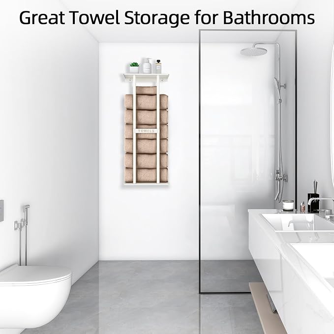 STWWO Wall Towel Rack for Rolled Towels, Towel Storage for Small Bathroom Can Holds 6 Large Towels, 30 inch Towel Racks with Shelf, White
