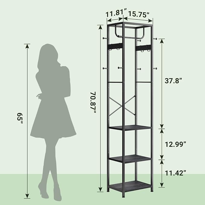 ELYKEN Coat Rack Freestanding, Hall Tree with 3 Shelves and 12 Hooks, Black | Industrial Metal Frame, Space-Saving Design, Clothes Rack Stand Organizer for Bedroom, Hallway, Entryway, Office, Living Room