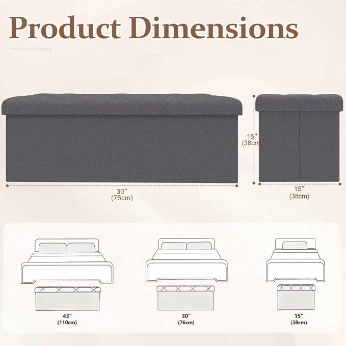 30 inch Storage Ottoman Bench, 30 inch Folding Storage Bench Ottoman, for Bedroom, Living Room, and Utility Room, Grey (30'' W)