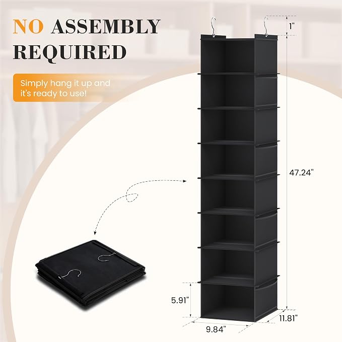 YOUDENOVA Upgraded Hanging Shoe Organizer for Closet, 8-Shelf, Black | Extra Wide Design, 8 Side Pockets, Hanging Shoe Rack Hanger, Dorm Storage, Perfect for Storing Shoes, Hats, Clothes, Jeans