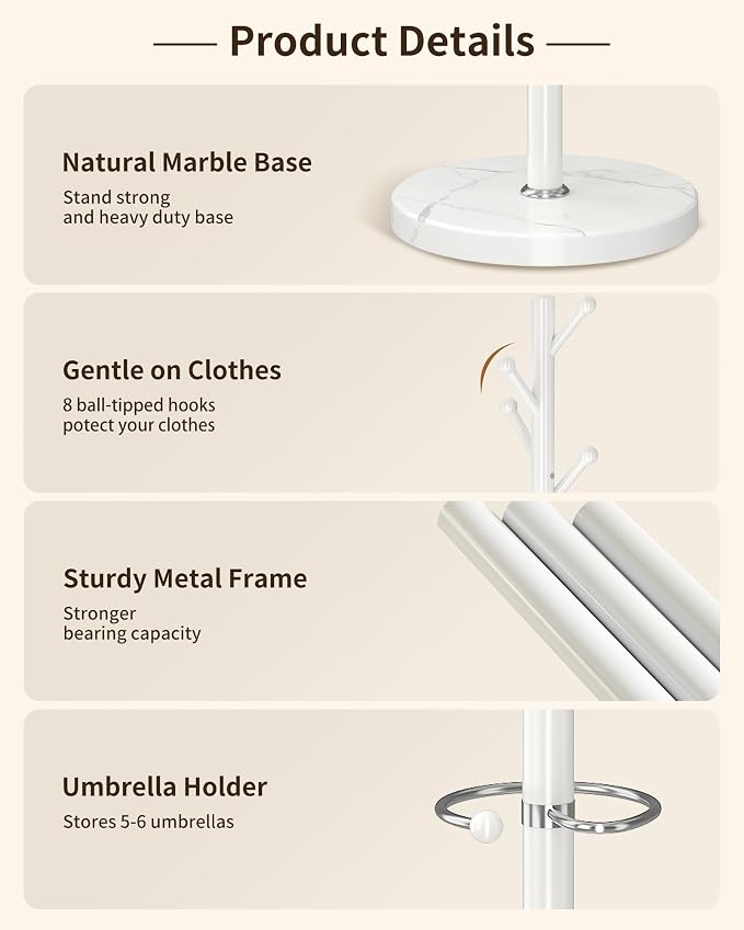 ZOZOE Coat Rack Stand, White Coat Rack Freestanding with Umbrella Holder | Coat Rack with Natural Marble Base,Modern Coat Stand with 8 Hooks,Clothes Tree Stand for Bags Hats in Hallway Entryway Corner