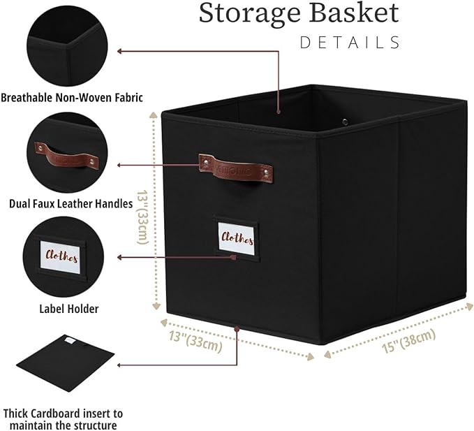DECOMOMO Storage Bins, Storage Baskets for Shelves | 13" x 15" x 13" Storage Cube Bins with Labels for Organizing Shelves (Kallax, 4pcs, Black)