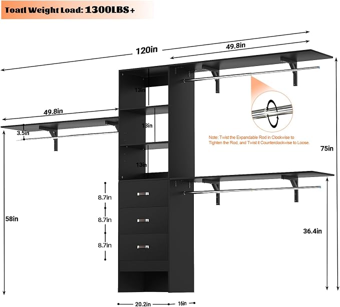 120 Inches Closet System, 10FT Walk In Closet Organizer with 3 Shelving Towers, Heavy Duty Clothes Rack with 3 Drawers, Built-In Garment Rack, 120" L x 16" W x 75" H, Max Load 1300 LBS, Black