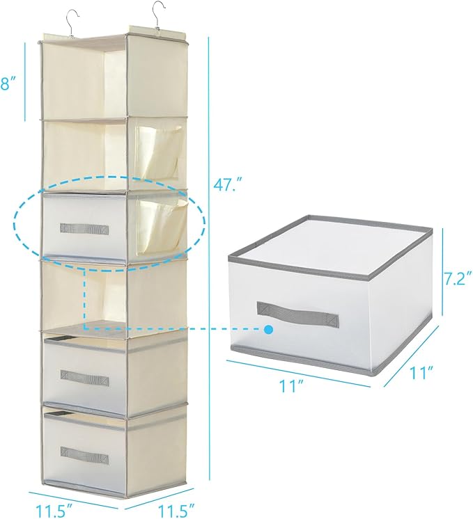 6-Tier Hanging Organizer w/ 3 Drawers,Side Pockets for Closet,Beige | Suitable for all wardrobe storage, with strong load-bearing capacity and easy to disassemble and assemble.