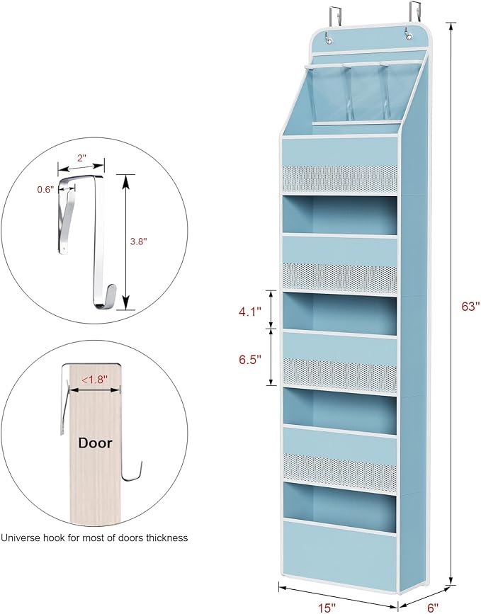 Univivi Fabric Over Door Hanging Organizer for Baby Nursery, Blue, 6-Shelf | Door Storage with Large Capacity Breathable Mesh Pockets, Over the Door Baby Organizer for Baby Essential, Bedroom, and Dorm